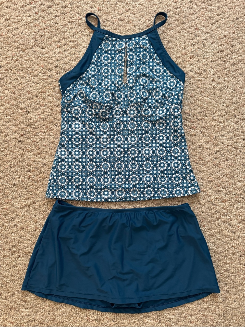Ellen Tracy Teal and White Patterned Tankini Top with Teal Swim Skirt